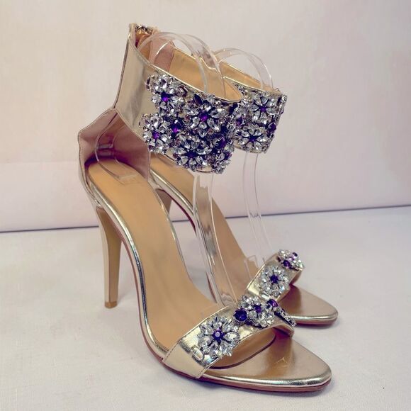 Elegant Gold Rhinestone Embellished Women's Heels Size 37 EUC - Picture 2 of 7